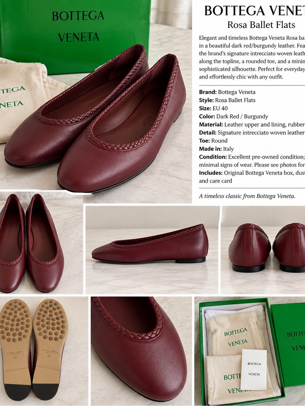 Bottega Veneta Rosa Dark Red Leather Flats EU 40